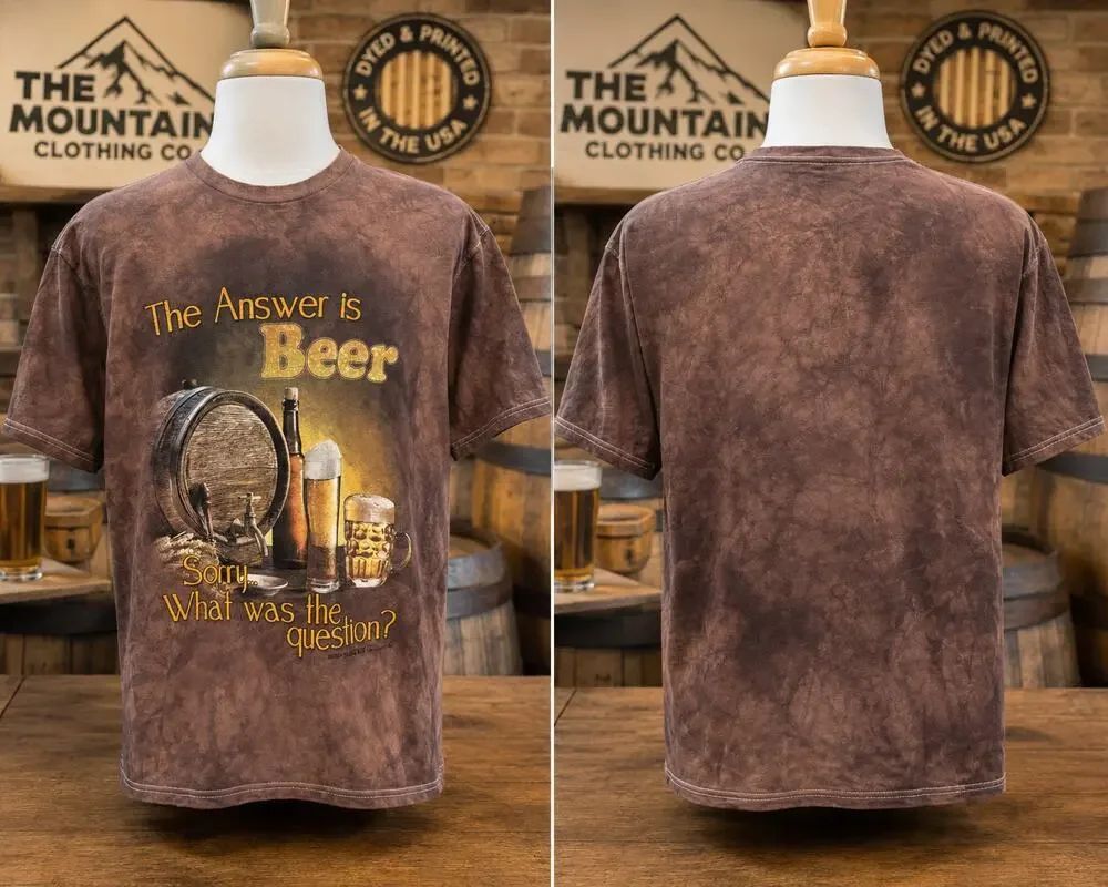 The Mountain Beer Answer Question Graphic T-Shirt Medium Brown Tie Dye